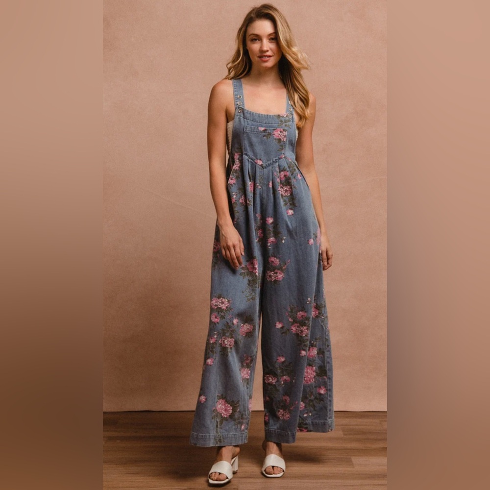 BiBi Floral Denim Jumpsuit/New Wih Tags. - Picture 2 of 9